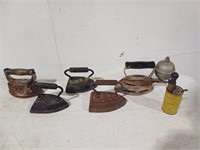 5 Vintage Irons & Gas Measuring Can