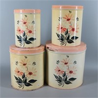 4Pc Vtg. Hand Painted Pink Tin Canister Set