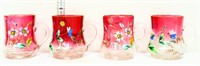 Lot of 4 vintage cranberry cups w/ enamel flowers