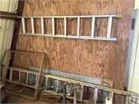 2 Extension Ladders, 2 pieces of corrugated metal,