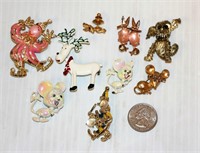 9 Fun Pins & Brooches - Ceramic Animals, Metal