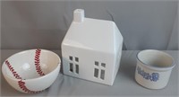Ceramic House, Baseball Bowl And Small Crock