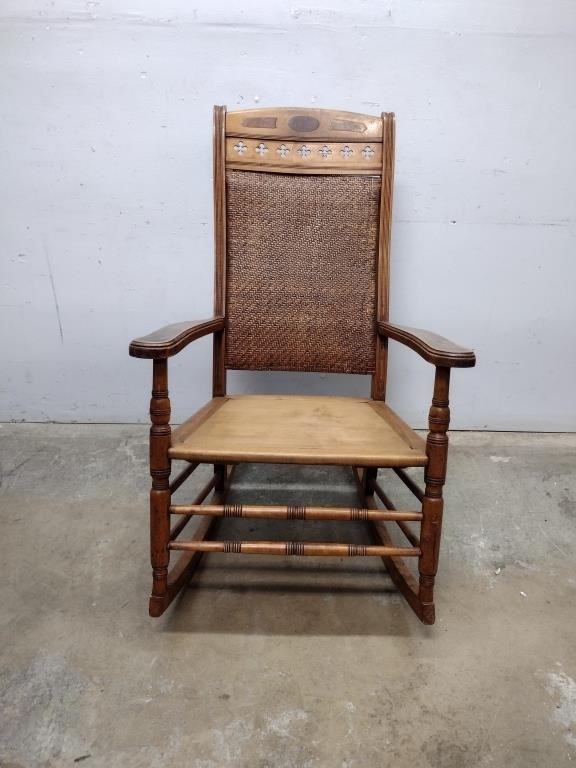 Vintage Wood Rocking Chair w/ Rattan Back