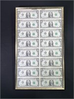 1981 Uncut Sheet One Dollar Bills (16) Framed