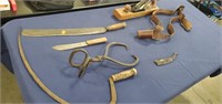 Assortment of Vintage Knives, Ice Tongs, Sickle,