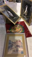 4 pieces framed art, 1 with real feathers,
