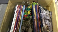 Box lot of quilting books, material and a light