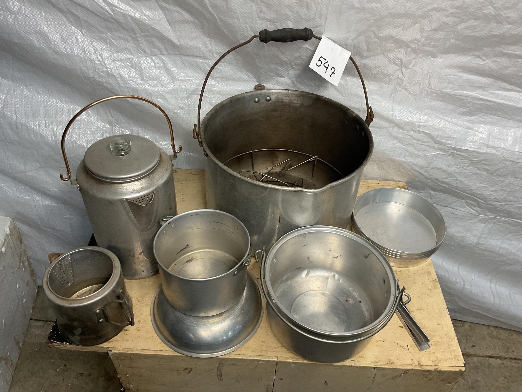Camping pots, pans, coffee, pots bowl, etc.