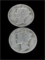 Pair of Vintage 10C Mercury Silver Dime Coins -