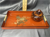 Vintage lacquer dresser tray with wooden jar