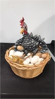 Wooden and ceramic rooster basket decor