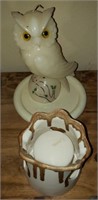 2 Pc Owl Candle, White Candle Holder W/ Candle
