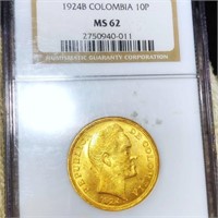 1924-B Colombia 10 Gold Pence NGC - MS62
