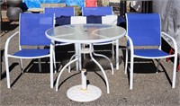 Glass Top Patio Table, 4 Chairs + Umbrella & Stand