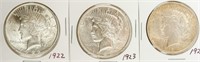Coin 3 Peace Silver Dollars 1922, 1923 & 1924