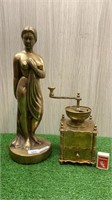 BRASS COFFEE GRINDER & BRASS NUDE LADY STATUE