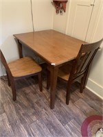WOODEN TWO-TONE TABLE WITH TWO MATCHING CHAIRS,