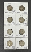 Eight Washington Quarters (90% Silver)