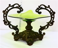 Vintage green glass bowl on metal stand