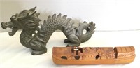 Resin Dragon Figure & Carved Asian Wood Boat