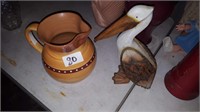 Pottery Pitcher & Wood Peligan Figurine