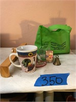 Flat of misc. - rooster mug; brass bell; etc.