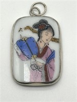 Antique Chinese Geisha Porcelain Pendant