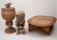 Lot of Carved African Wood - Table, Figure, Jar.