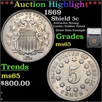 *Highlight* 1869 Shield 5c Graded ms65