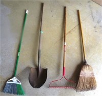 Garden rake, shovel, 2 brooms