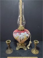 Hand Painted Converted Oil Lamp And 2 Brass