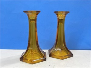 Pair of Amber Glass Candleholders, 7.5 "