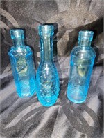 3 Blue Glass Collector Bottles