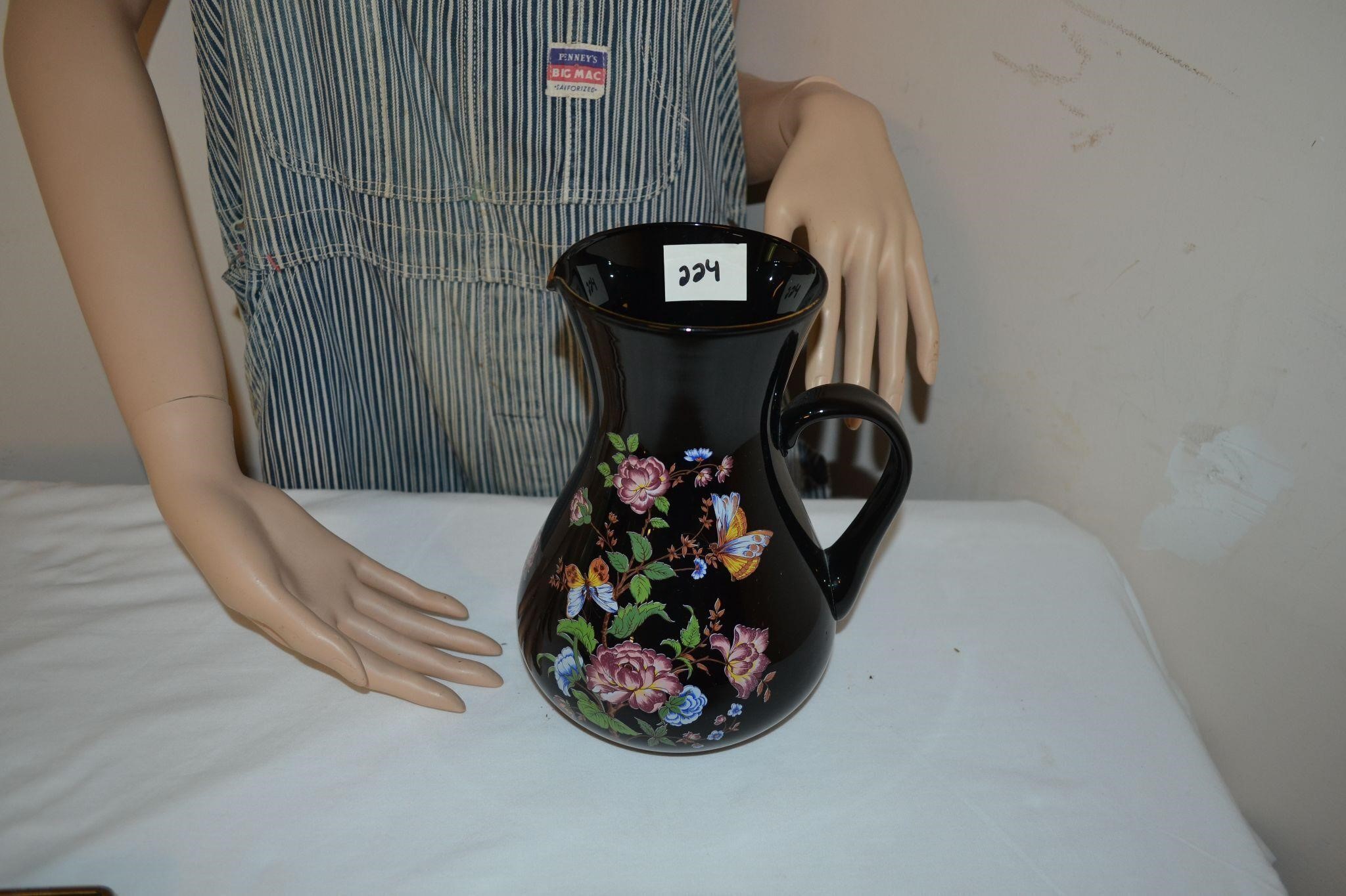 vtg Norleans Black Floral Glass Pitcher