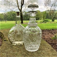 Two Antique Etched Clear Crystal Decanters