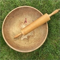 Antique Wooden Dough Bowl & Rolling Pin