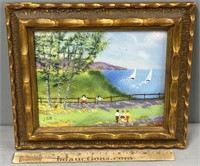 People & Sailboats Landscape Painting on Enamel