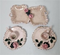 Porcelain Pink & Gold Candle Holders w/Roses/Tray