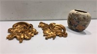 Ceramic Gold Rooster Wall Hangings & Vase K8C