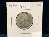 1930 Canadian Silver 25 Cent Piece  VF30