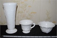 (3) Vtg grapevine milk glass pcs cup vase +