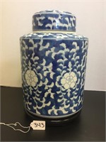 BLUE & WHITE URN WITH LID AND STAND (11 1/2" TALL)
