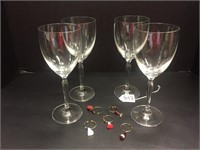 4 WINE GLASSES AND WINE GLASS MARKERS