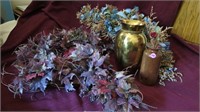 2 purple silk flower swags (24" each), Brass pot (