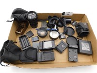TRAY OF CAMERA ACCESSORIES AND LENSES