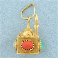 Jade, Red Coral, and Turquoise Mosque Pendant in 1