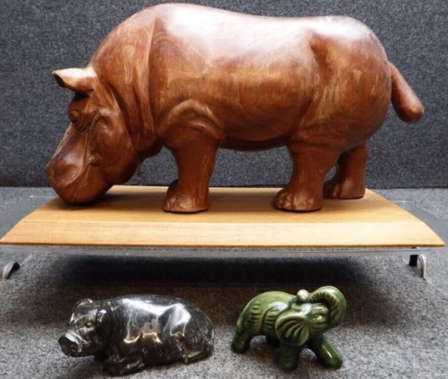 Hand-Carved Wooden Hippo, Stone Pig & Elephant