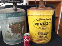 2 oil cans, 5 gallon Pennzoil Hydraulic Hoist Oil