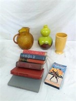 Vintage hardback books, decorative vases, Amber