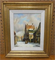 Winter Village Scene Oil on Board, Signed.